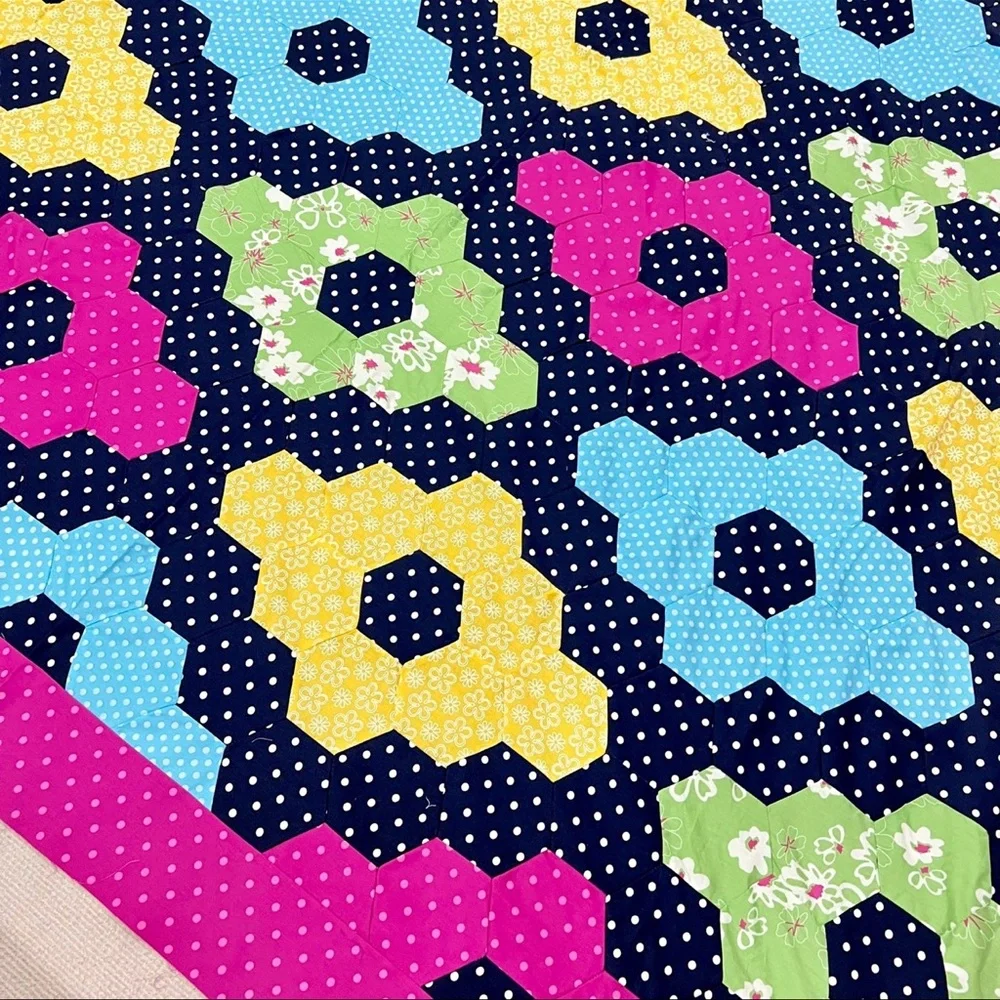 Handmade Flower Hexagon Sewing Patchwork Cotton Queen size Quilt Top/Topper